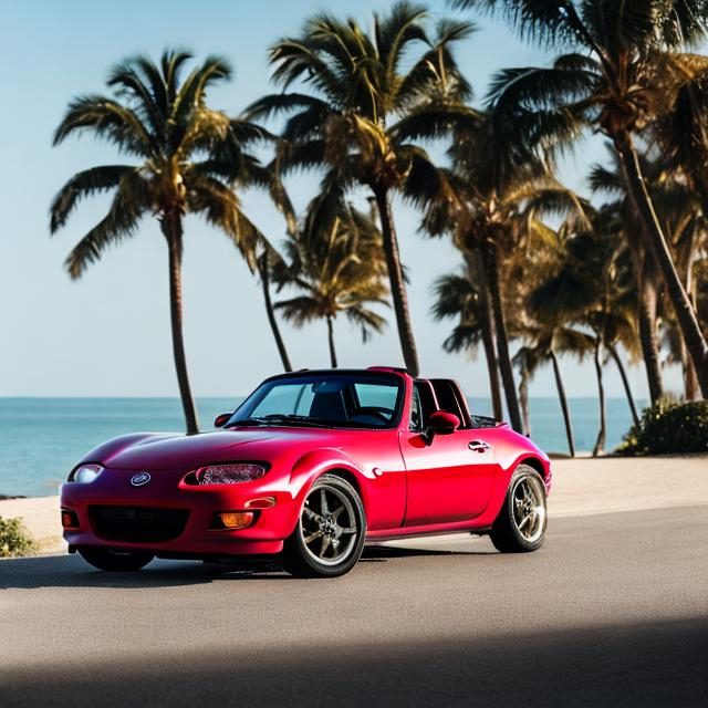 Prompt: a mazda miata from 1990 in red next to a beach with palm trees