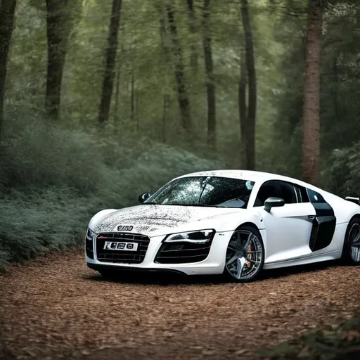 Prompt: a audi r8 v8  in white in a forest