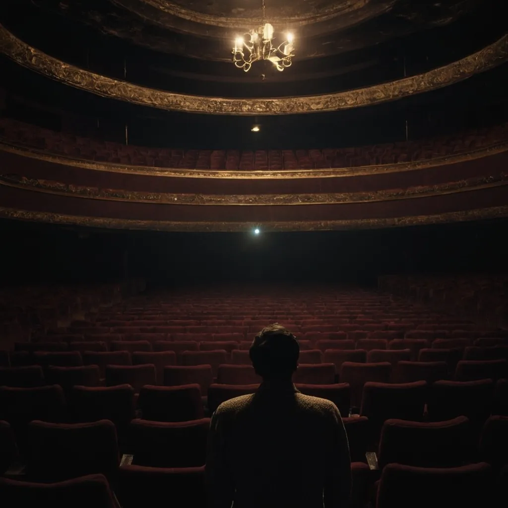 Prompt: The atmosphere of the theater is very dark, where a person is standing and surrounded by many frame.