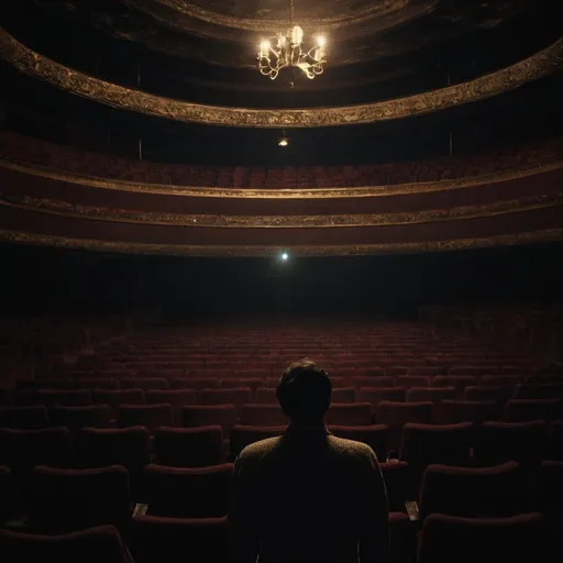 Prompt: The atmosphere of the theater is very dark, where a person is standing and surrounded by many frame.