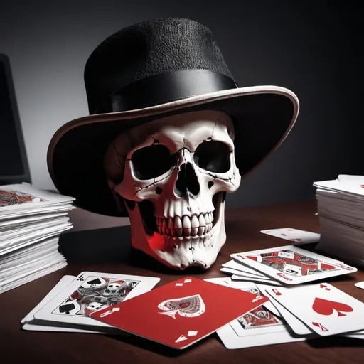 Prompt: Stylized skull in a hat, holding playing cards, on an office desk with scattered documents and a folder labeled HR, black, red, white, stylized, detailed skull, playing cards, scattered papers, HR folder, high quality, office setting, dramatic lighting