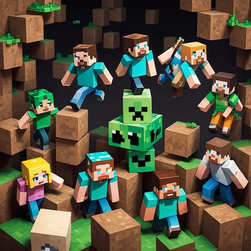 Prompt: Cube Characters: Depicts iconic Minecraft characters, such as Steve, Alex, or the Creepers, in a cubic style characteristic of the game.
