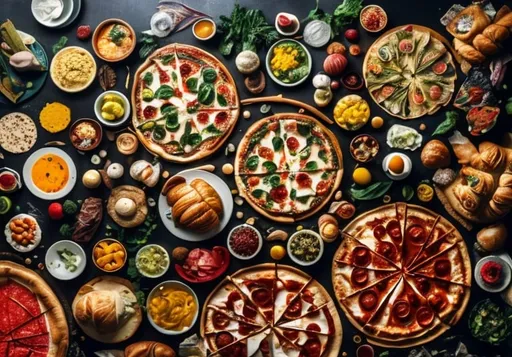 Prompt: food in globe surrounded by diverse food icons like pizza, sushi, tacos, and croissants, symbolizing global culinary exploration. Modern and eye catching 