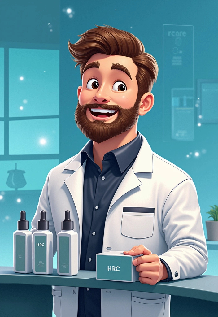 Prompt: “A stylized cartoon scene featuring a sleek white rectangular product box placed prominently in the foreground. The box is labeled with the bold letters ‘HRC’ and is part of a hair serum pack containing three vials. The background should suggest a clean, elegant cosmetic setting—like a soft-focus studio or minimalistic lab vibe. The scene should feel like the beginning of a product reveal, full of anticipation and style. Lighting should be bright and focused on the product, with sparkles or glow effects to highlight innovation and care.”