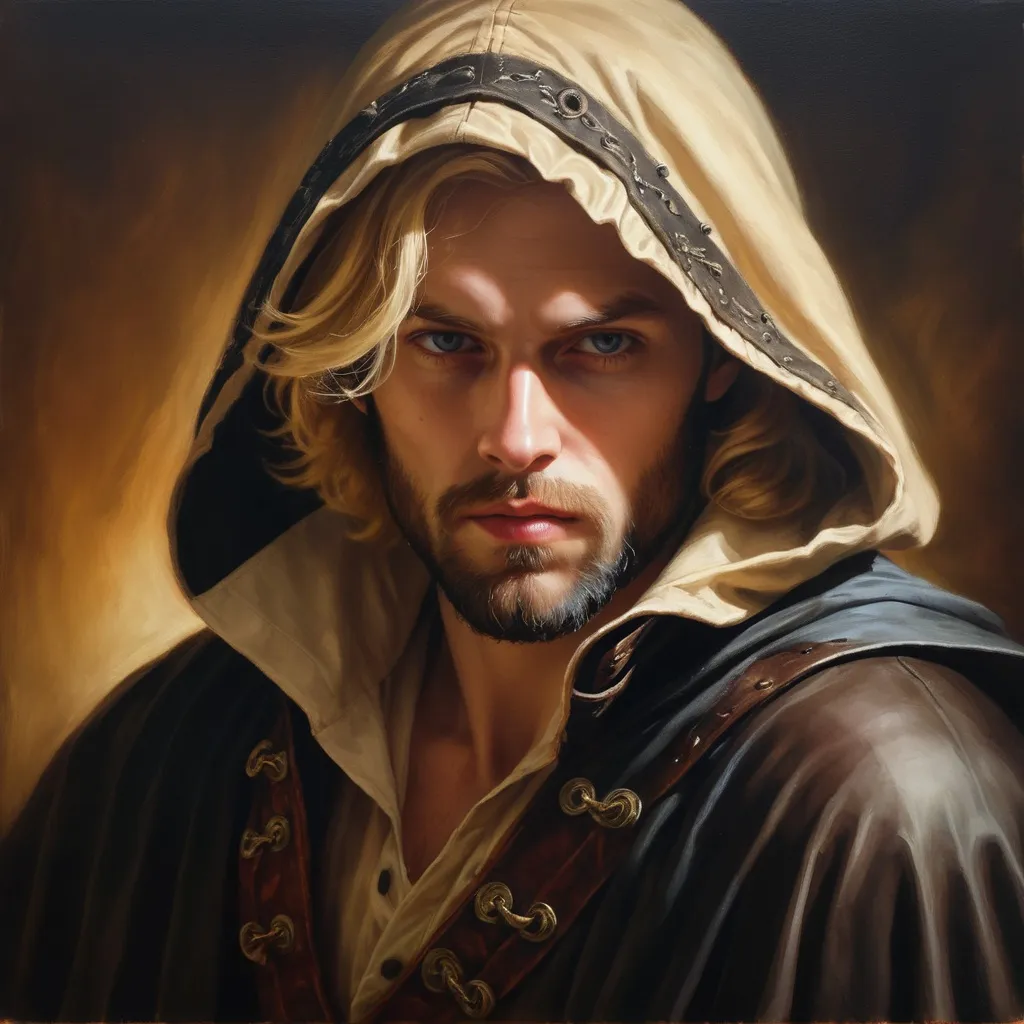 Prompt: Swashbuckling blonde man with hood, dark-colored beard, detailed facial features, oil painting, dramatic lighting, high quality, Renaissance style, warm tones, intense gaze, flowing cape, detailed clothing