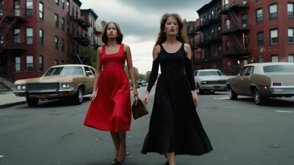 Prompt: High quality cinematic panoramic static shot of two women wearing 1970s style dresses, one woman is wearing a long red skirted dress and the other woman is wearing a black dress, both women are walking through a rough neighborhood in New York City, some parked vehicles are seen. The dramatic sky is overcast and grey.