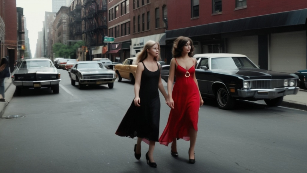 Prompt: High quality cinematic panoramic static shot of two women wearing 1970s style dresses, one woman is wearing a long red skirted dress and the other woman is wearing a black dress, both women are walking through a rough neighborhood in New York City, some parked vehicles are seen. The dramatic sky is overcast and grey.