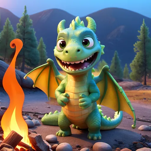 Prompt: Photo of a cute dragon with multi-colored skin trying to put out a small campfire with a fire hose, blue background, random 3D style