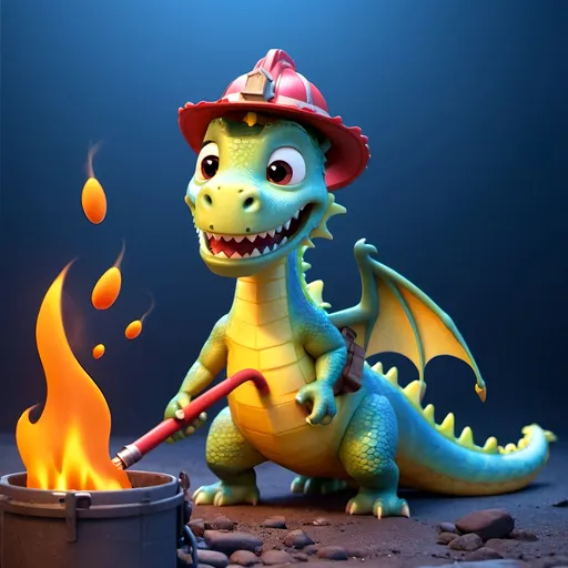 Prompt: Photo of a cute dragon with multi-colored skin, wearing a fireman's hat, putting out a small campfire with a fire hose, on a blue background, 3D blender render style