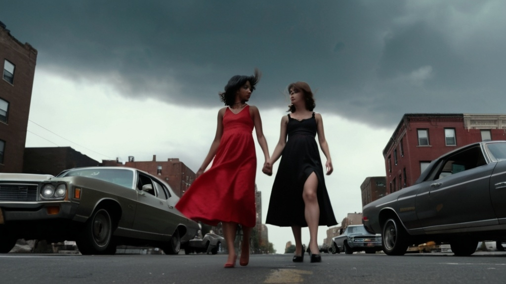 Prompt: High quality cinematic panoramic static shot of two women wearing 1970s style dresses, one woman is wearing a long red skirted dress and the other woman is wearing a black dress, both women are walking through a rough neighborhood in New York City, some parked vehicles are seen. The dramatic sky is overcast and grey.