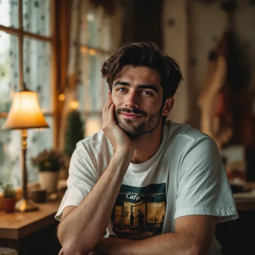 Prompt: In a cozy indoor setting, a young man with dark hair strikes a thoughtful pose, resting his chin on his hand while giving a slight smirk. He wears a white T-shirt adorned with a graphic of a figure standing in front of a café-like storefront. Behind him, large windows with sheer, polka-dotted curtains reveal a softly lit room featuring a warm lamp and subtle decorative elements, creating an inviting ambiance. The warmth of the lighting, combined with the rustic decor, enhances the relaxed and somewhat playful atmosphere of the scene. The overall composition draws attention to the subject while inviting a sense of familiarity and comfort.