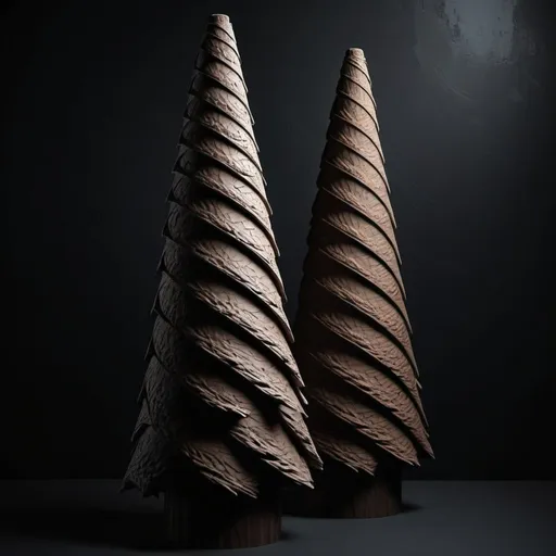 Prompt: Dark abstract shape art, complex and realistic feeling and a vertical structure. Whole creation is made of cones.