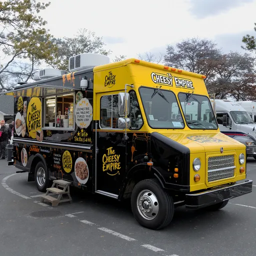 Prompt: black, yellow and orange food truck with the name The Cheesy Empire