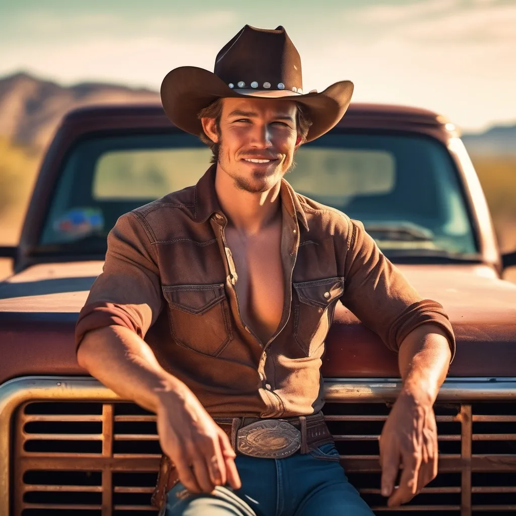 Prompt: cute cowboy, wearing a cowboy hat, without a shirt, mid level tan, hot smirk on his face, sitting/leaning on the tail gate of his truck, both arms crossed