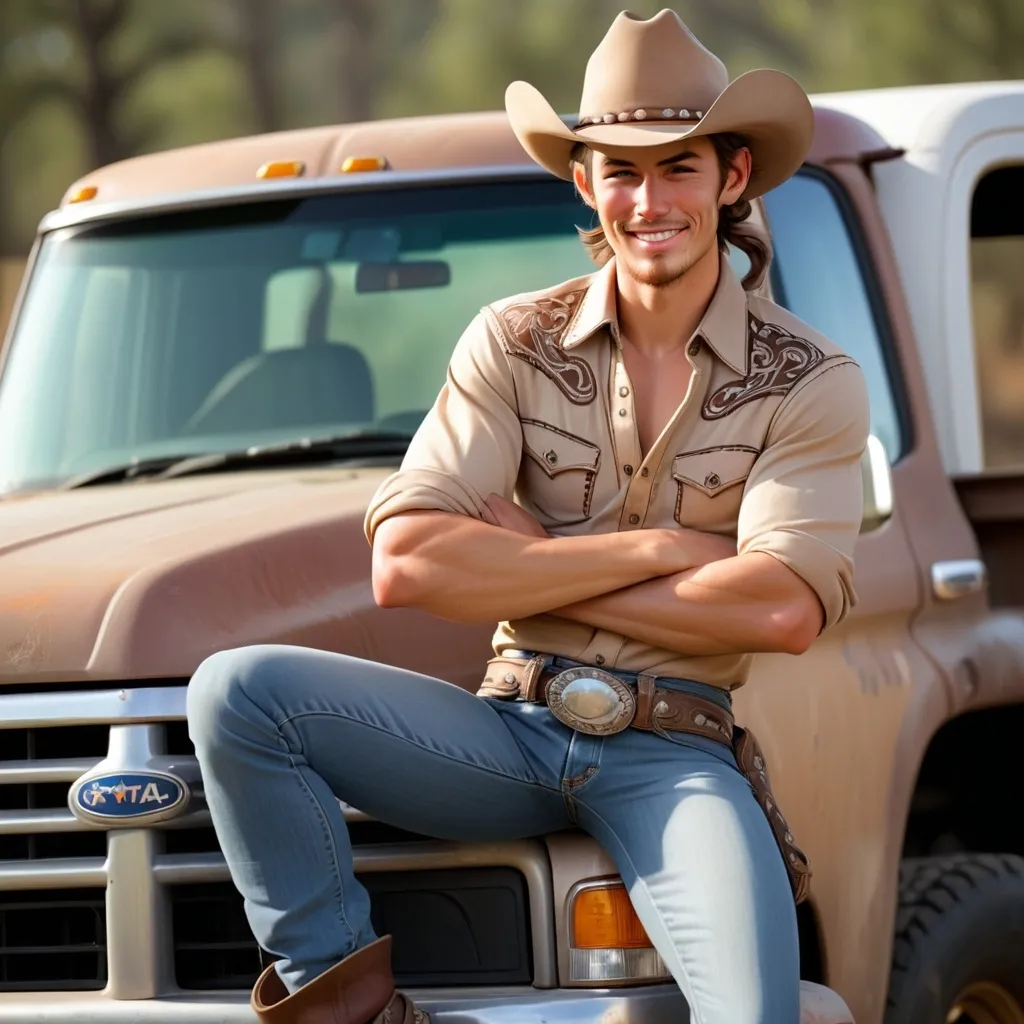 Prompt: cute cowgirl, wearing a cowboy hat, with a tied-up shirt, tight skinny jeans, big jugs, mid level tan, hot smirk on his face, sitting/leaning on the tail gate of his truck, both arms crossed