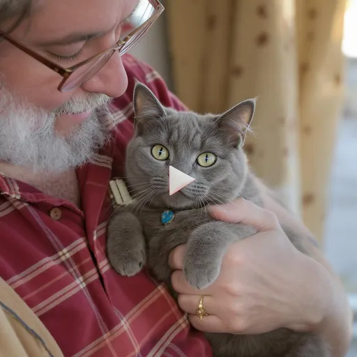 Prompt: Create a video about a rescued gray cat that is loved by his owner
