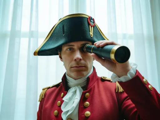 Prompt: @yf6AYmuApelRqvKyTJZ1 is holding a medium black spyglass trimmed in gold. to his right eye. A closeup. Behind him are sheer white curtains.