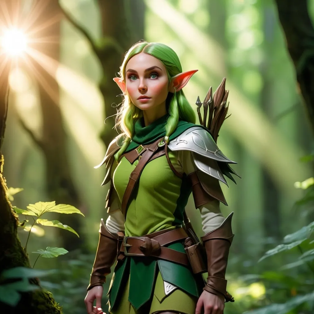 Prompt: Elf ranger in a mystical forest around sunlight