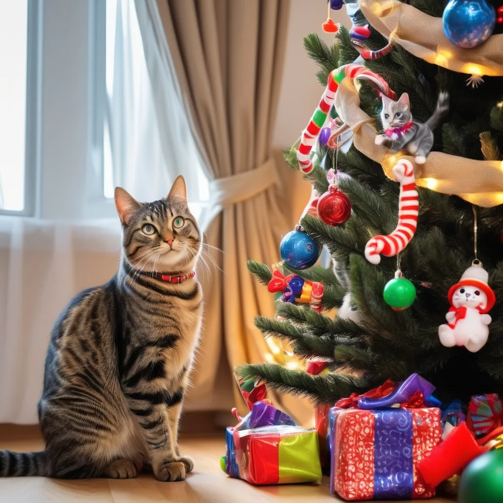 Prompt: Julgran dekorerad med leksakewr och godis för katter.
