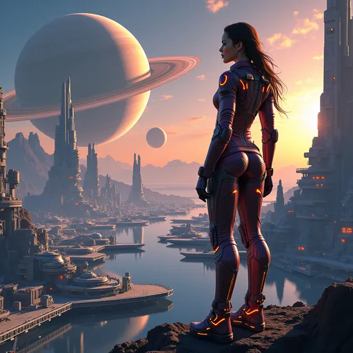 Prompt: A highly detailed photo of a powerful space heroine, standing confidently at a sprawling futuristic spaceport, massive starships docked in the background, a majestic Saturn-like planet with rings visible in the sky, glowing city lights in the distance, high-tech metallic suits, sharp reflections, glowing accents, dramatic lighting from twin suns, vibrant colors, intricate details on ships and structures, a sense of vastness and adventure.