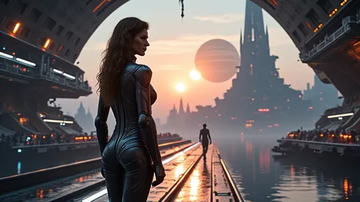 Prompt: A highly detailed photo of a powerful space heroine, standing confidently at a sprawling futuristic spaceport, massive starships docked in the background, a majestic Saturn-like planet with rings visible in the sky, glowing city lights in the distance, high-tech metallic suits, sharp reflections, glowing accents, dramatic lighting from twin suns, vibrant colors, intricate details on ships and structures, a sense of vastness and adventure.