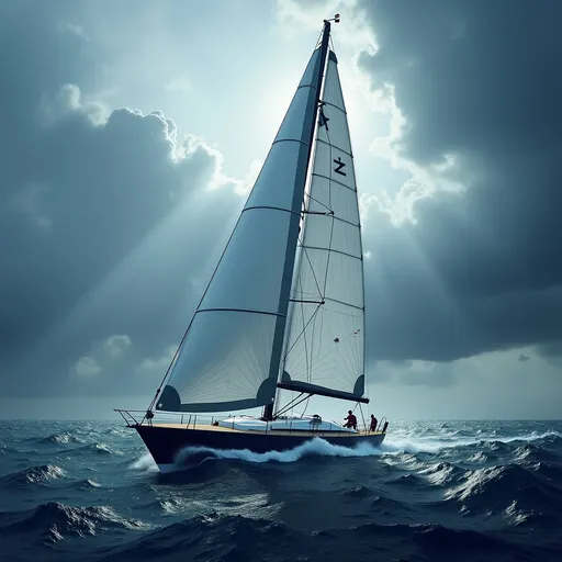 Prompt: A modern sailing boat  in a storm