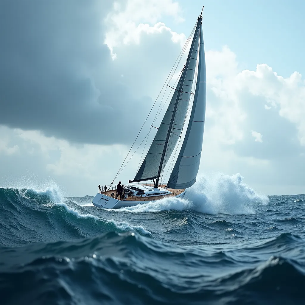 Prompt: A modern sailing boat  in a storm with huge waves