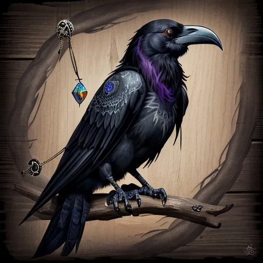 Prompt: a raven in neotrad tattoo style, with ropes and precious stones, some wood and with white eyes