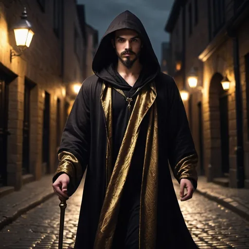 Prompt: a 23 yaers old Fale with brown eyes, wizard, black & gold robe with hoodi, powerful, powerful wand in his hand in a dark street, dark magic, mysterious, Trimmed beard and mustache
