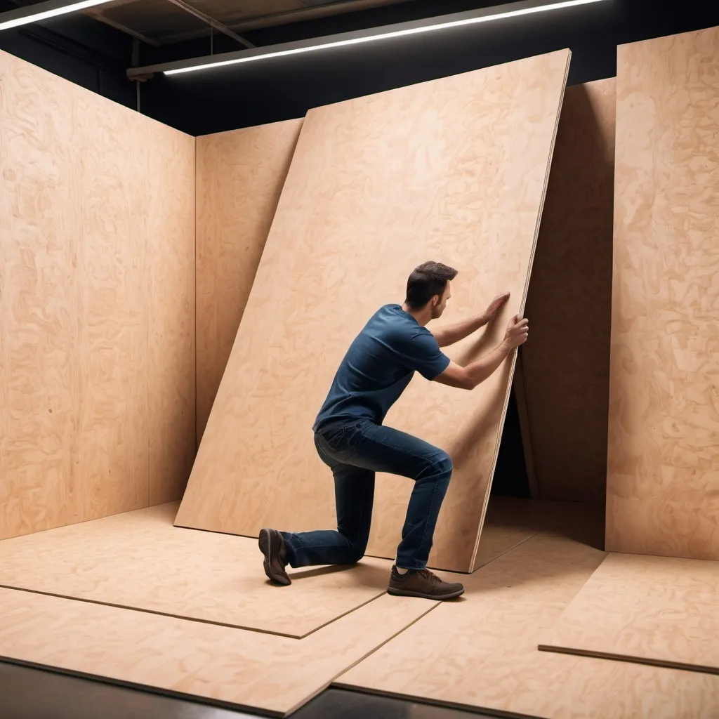 Prompt: An interior work made of commercial plywood in 4k resolution should consist of an 8*4 commercial plywood made of interior plywood with men holding it up on the ground as a background.