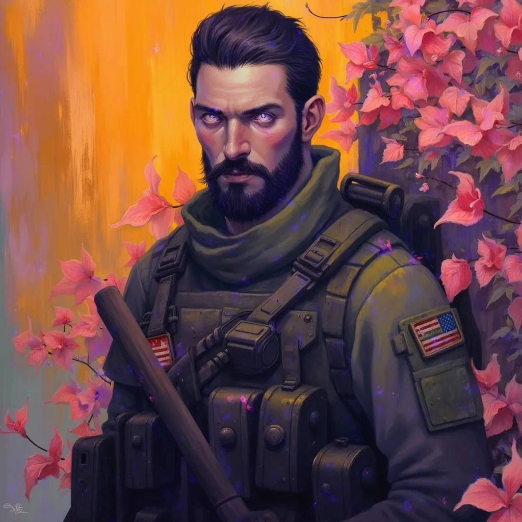 Prompt:  (Hyper Detailed Illustration), (post apocalyptic), (dark tone), A full body shot of a middle aged man with slicked back black hair a short beard and dark red eyes wearing modern US military equipment.