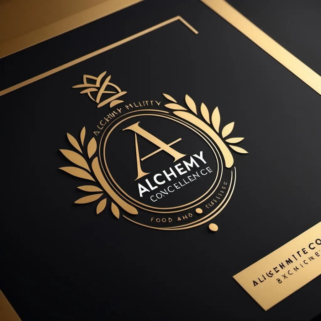 Prompt: Create a sophisticated logo for a food and beverage hospitality consultimbg firm named alchemy of excellence with the Tage line hospitality consultants with the colors gold black and white