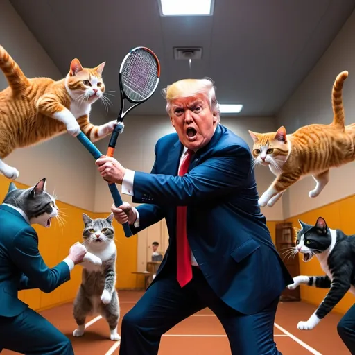 Prompt: Add JD Vance hitting multiple cats with a tennis racket with Trump looking on petrified 
