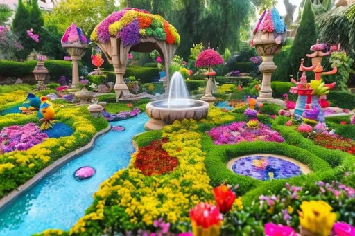 Prompt: Beautiful munchkin land garden with variety of flowers, next to a fountain and a mystical palace, brightly coloured birds