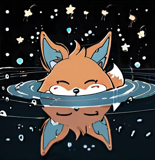 Prompt: fox ear girl, gooey eyes and long, furry tail. lying in water. With sleepy expression. Wears luxurious dress. Stars around her. Moonlight. 