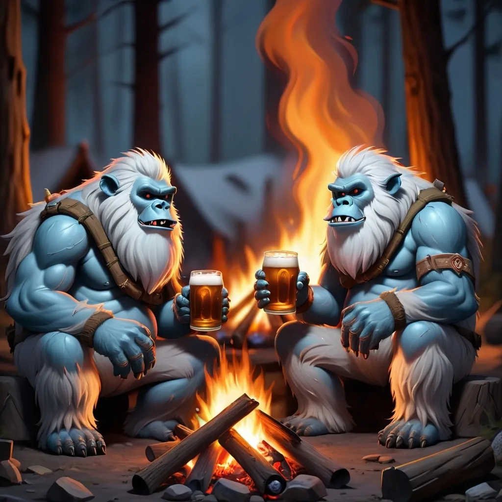 Prompt: Two yeti’s drinking beer around a camp fire , dark fantasy 