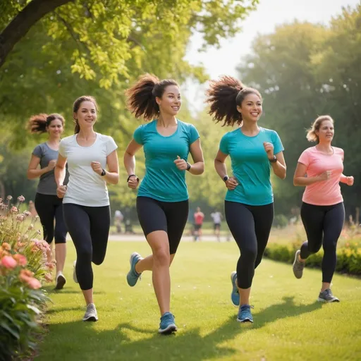 Prompt: **Title**: Morning Fitness in the Garden

**Scene**: An open garden in the early morning, filled with vibrant green grass and colorful flowers in the background. The sky is clear with a hint of the rising sun casting a golden glow over the scene.

**Main Subjects**:
1. **Efficient Female Coach**: 
   - **Appearance**: Athletic build, dressed in a professional yet sporty outfit (think running shorts or leggings, a breathable T-shirt, and running shoes). She has a confident and energetic demeanor.
   - **Action**: Standing at the front of the group, holding a stopwatch or a clipboard, enthusiastically encouraging the participants. Her posture is upright and animated, possibly mid-cheer or demonstrating a running technique.
   
2. **Running Class Participants**: 
   - **Diverse Group**: A mix of ages, genders, and ethnicities, all dressed in appropriate running attire. They are spread out in a loose formation, following the coach's instructions.
   - **Actions**: Some are jogging, some are mid-stride, and others are doing warm-up exercises like stretching or high knees. Their faces show determination and enjoyment.

**Background**:
- **Garden Elements**: Trees with lush foliage, flower beds with blooming flowers, and a few park benches. Maybe a fountain or a small pond in the distance.
- **Details**: Birds flying or perched in the trees, a light breeze causing the leaves to sway, and some dewdrops on the grass catching the sunlight.

**Overall Mood**: Energetic, lively, and positive, capturing the spirit of community fitness and the joy of outdoor exercise.