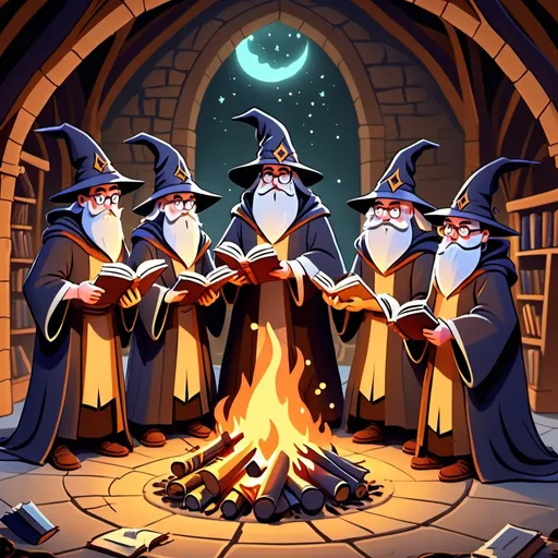 Prompt: 7 wizards around a fire casting spells with books around cartoon style