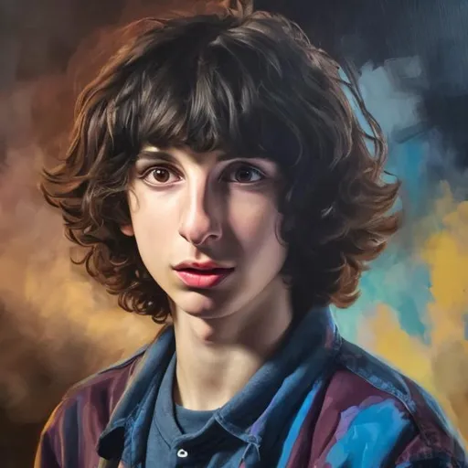 Prompt: Finn Wolfhard half realistic oil painting, intense expression, cinematic lighting, high quality, oil 