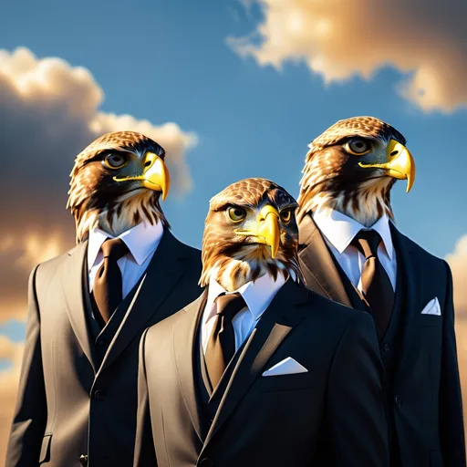 Prompt: Four hawks in suits, (looking directly at the viewer), soaring majestically in a clear blue sky, (highly detailed feathers), their sharp beaks poised, (expressing confidence and intelligence), the sun casting a warm golden glow that highlights their suits, (cinematic tones), surrounded by fluffy clouds, creating a dramatic and captivating ambiance, (ultra-detailed) and perfectly stunning.