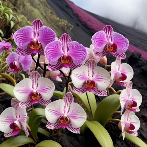 Prompt: Millions of beautiful orchids growing on top the rim of a volcano