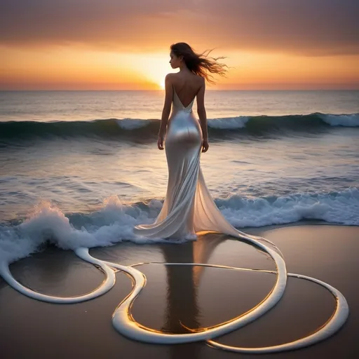 Prompt: In this mesmerizing image, vibrant streams of light dance across the darkened seascape, forming an abstract shape reminiscent of a woman. Against the backdrop of a stunning sunset, the golden and white hues intertwine gracefully, capturing a poetic blend of fluidity and form. The light trails generate an ethereal aura, with each curve and swirl seemingly pulsating with life as they reflect off the water's surface. This captivating composition invites the viewer to marvel at the melding of natural beauty and artistic expression, evoking a sense of wonder and serenity.