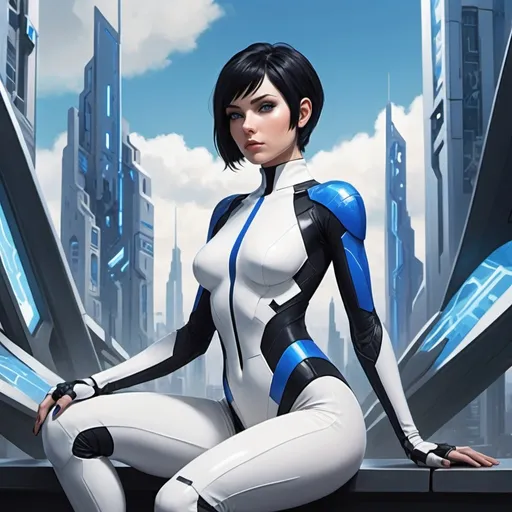 Prompt: A stylized female character with short black hair and striking blue eyes poses in a form-fitting blue and white bodysuit. The suit features a high neckline and cutouts, accentuating her figure. She sits against a soft, abstract background with faint silhouettes of futuristic city structures, conveying a sci-fi theme. The image combines elements of realism and anime art styles.