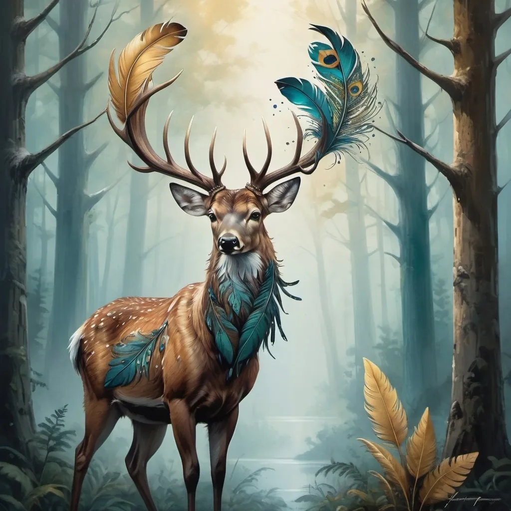 Prompt: The image features a beautifully crafted artwork where the essence of nature is captured within the delicate form of a feather. At the heart of this intricate design is a serene forest scene enclosed within the feather's contours. Towering evergreen trees emerge from a misty background, evoking a sense of tranquility and depth. A majestic deer with impressive antlers stands gracefully in the foreground, gazing into the distance. The feather itself is adorned with rich hues of teal, blue, and golden yellow, blending seamlessly to enhance the natural landscape it contains. Delicate splatters of paint surround the feather, adding texture and an artistic flair to the composition. This fusion of detailed wildlife imagery within the feather creates a harmonious blend of art and nature, evoking a sense of peaceful coexistence and beauty.