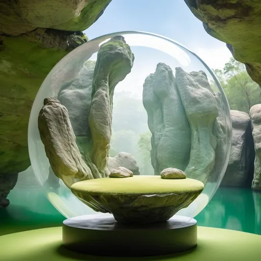 Prompt: Amazing rock formations inside a suspended in a clear bubble, with a soft green background