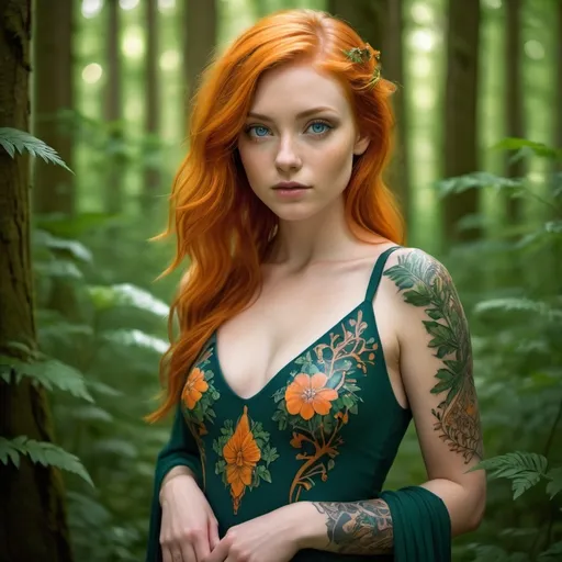 Prompt: A stunning young woman with vibrant orange hair and striking blue eyes stands in a lush green forest. She wears a deep green dress adorned with intricate orange patterns, revealing her shoulders and décolletage. Delicate, floral-inspired tattoos are visible on her skin, complementing the natural surroundings. The soft, diffused light from the trees creates an ethereal atmosphere.