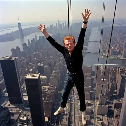 Prompt: Philippe Petit walked on a high wire between the newly built twin towers of the World Trade Center in New York City --sref 37282323 --style raw