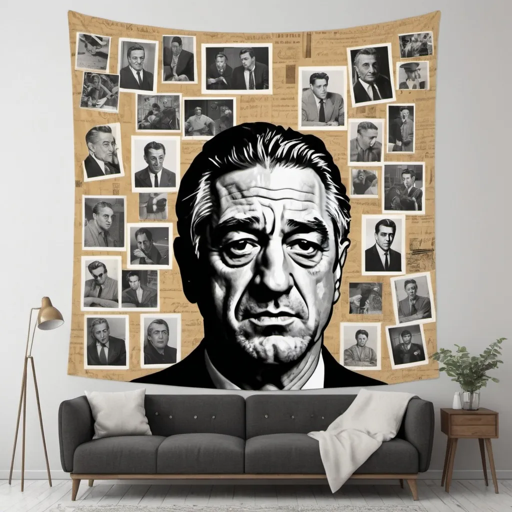 Prompt: A photorealistic collage of vintage-style images, meticulously arranged to create a tapestry that encapsulates the essence of Robert De Niro. The collage is filled with old black and white photographs of Robert De Niro in various stages of his life, with his favorite objects and handwritten letters interspersed among them. The overlay of warm, golden tones and faded colors creates a nostalgic ambiance, while the intricate details in each image give a sense of depth and texture. Robert De Niro's personality is beautifully reflected in this charming, heartfelt creation.