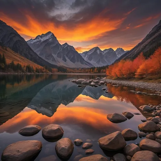 Prompt: In this breathtaking image, the sky is ablaze with vibrant, fiery hues of orange and gold as the sun sets behind a majestic mountain range. The rugged peaks, bathed in the warm glow, create a stunning contrast against the darkening sky. The tranquil lake below mirrors this dramatic spectacle, reflecting the brilliant colors and mountainous silhouettes with pristine clarity. In the foreground, smooth, dark stones are scattered along the water's edge, framed by delicate, round leaves tinged with shades of yellow and orange, adding to the autumnal ambiance. The overall scene is one of serene, natural beauty, evoking a sense of peaceful solitude and wonder at nature's splendor.