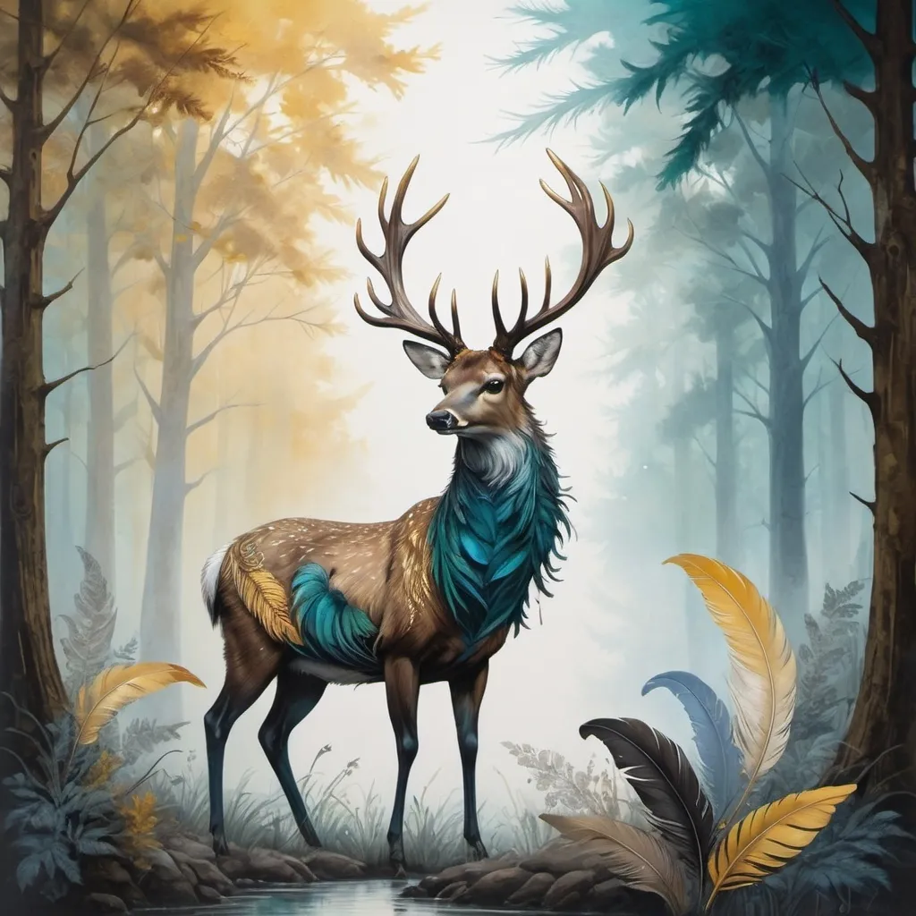 Prompt: The image features a beautifully crafted artwork where the essence of nature is captured within the delicate form of a feather. At the heart of this intricate design is a serene forest scene enclosed within the feather's contours. Towering evergreen trees emerge from a misty background, evoking a sense of tranquility and depth. A majestic deer with impressive antlers stands gracefully in the foreground, gazing into the distance. The feather itself is adorned with rich hues of teal, blue, and golden yellow, blending seamlessly to enhance the natural landscape it contains. Delicate splatters of paint surround the feather, adding texture and an artistic flair to the composition. This fusion of detailed wildlife imagery within the feather creates a harmonious blend of art and nature, evoking a sense of peaceful coexistence and beauty.